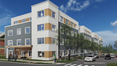 a rendering of a three story apartment building on a city street